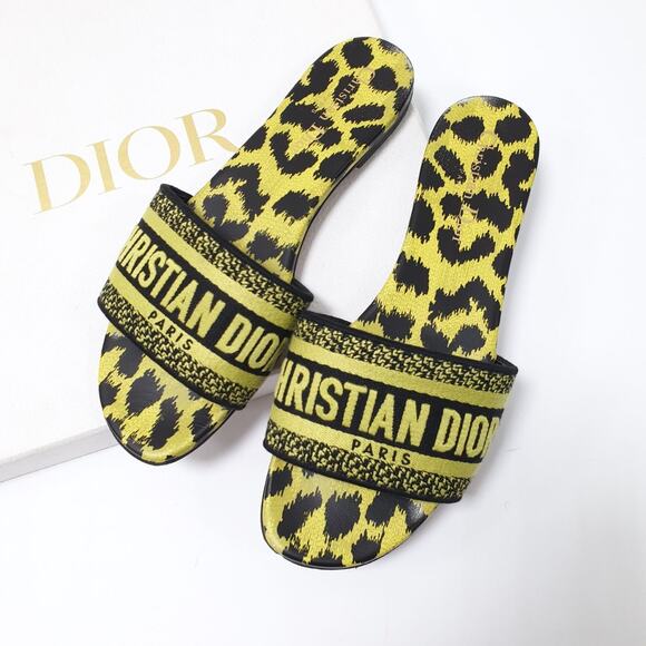 Dior Dway Slide Sandals Lime Pop Leopard Print Sz.38 - Picture 1 of 10